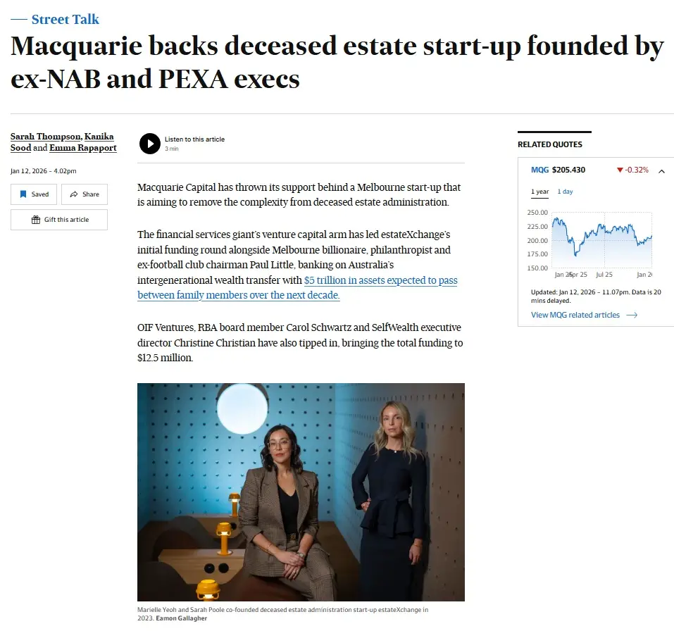 Macquarie backs deceased estate start-up founded by ex-NAB and PEXA execs