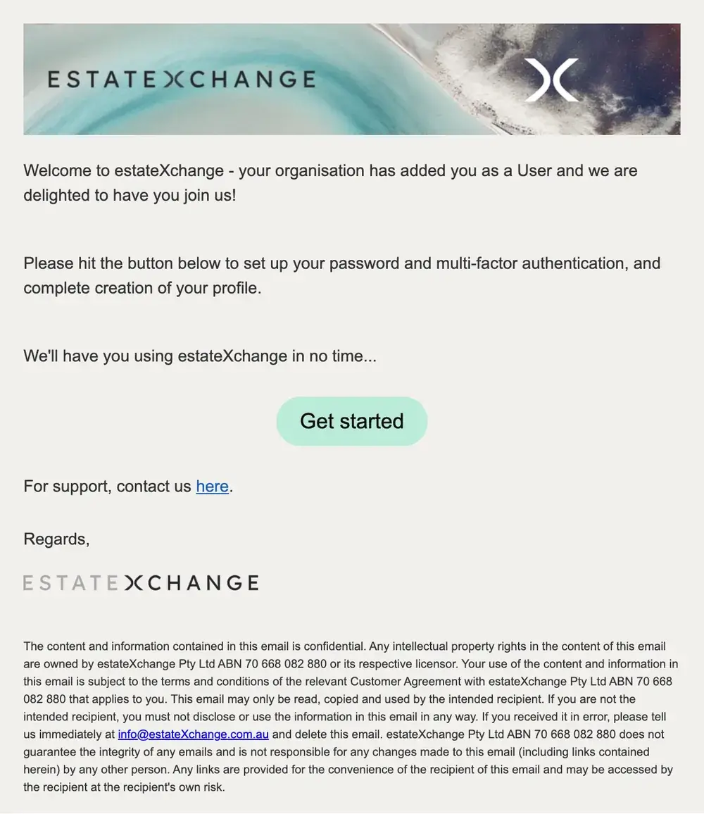 The welcome email with the Get started button.
