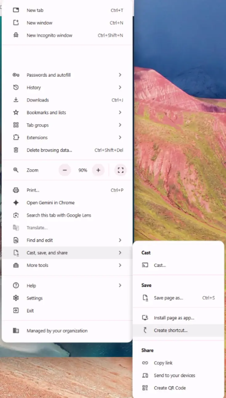 The Google Chrome 'More' menu open on 'Cast, save, and share', with 'Create shortcut' highlighted in the submenu.