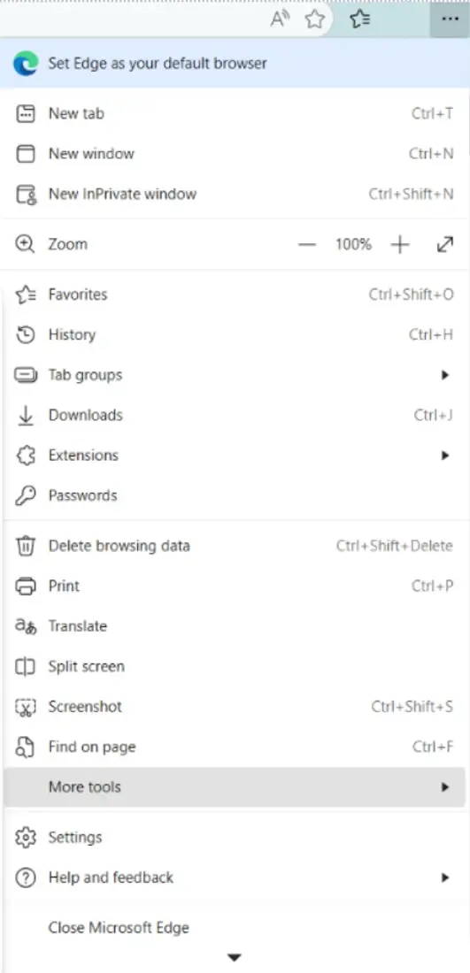 The Microsoft Edge 'Settings and more' menu open, with 'More tools' near the bottom of the list.
